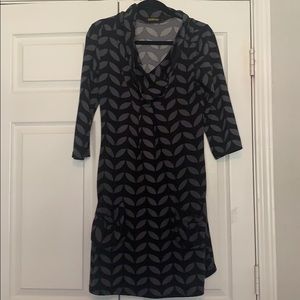 Black and gray dress with cowl neck collar